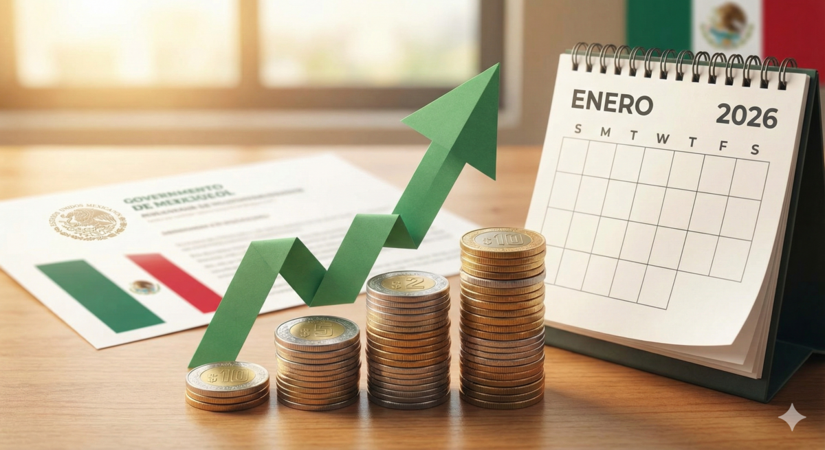 Representación gráfica del aumento al salario mínimo 2026 en México, mostrando pilas de monedas de peso, una flecha verde de crecimiento y un calendario marcando enero.