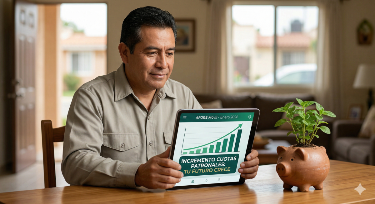 Un trabajador mexicano sonriendo mientras consulta el aumento de cuotas patronales en su app de Afore en enero 2026, junto a un cerdito alcancía con una planta creciendo.